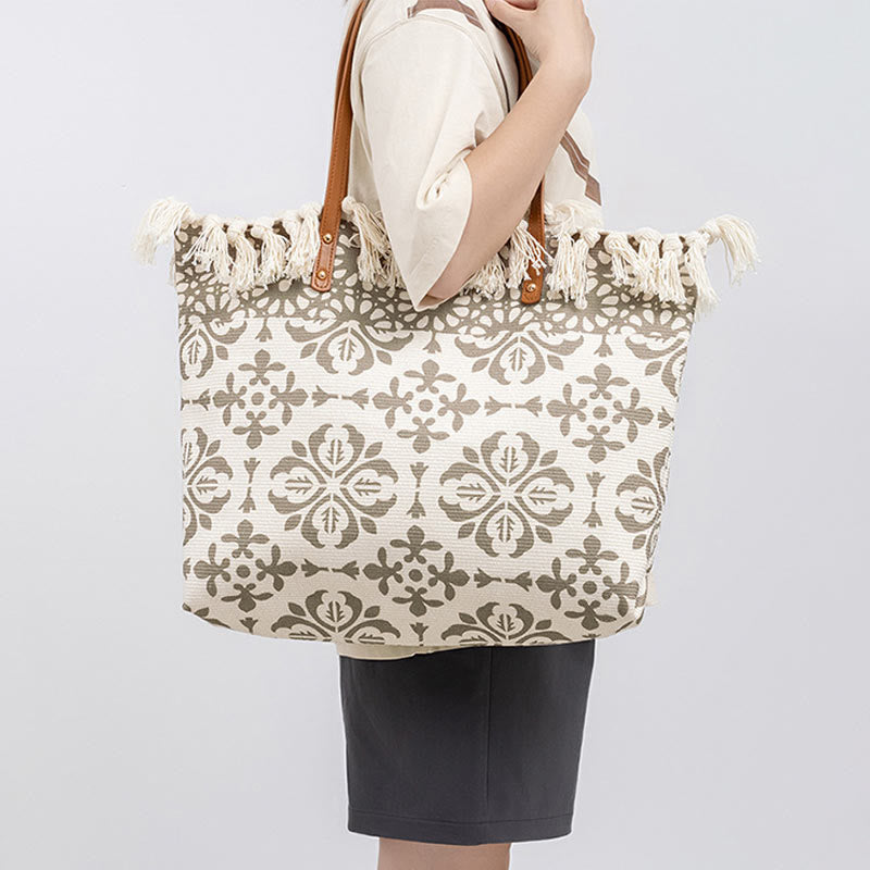 Bolso de hombro de lona con borlas y estampado geométrico boho de gran capacidad Buddha Stones