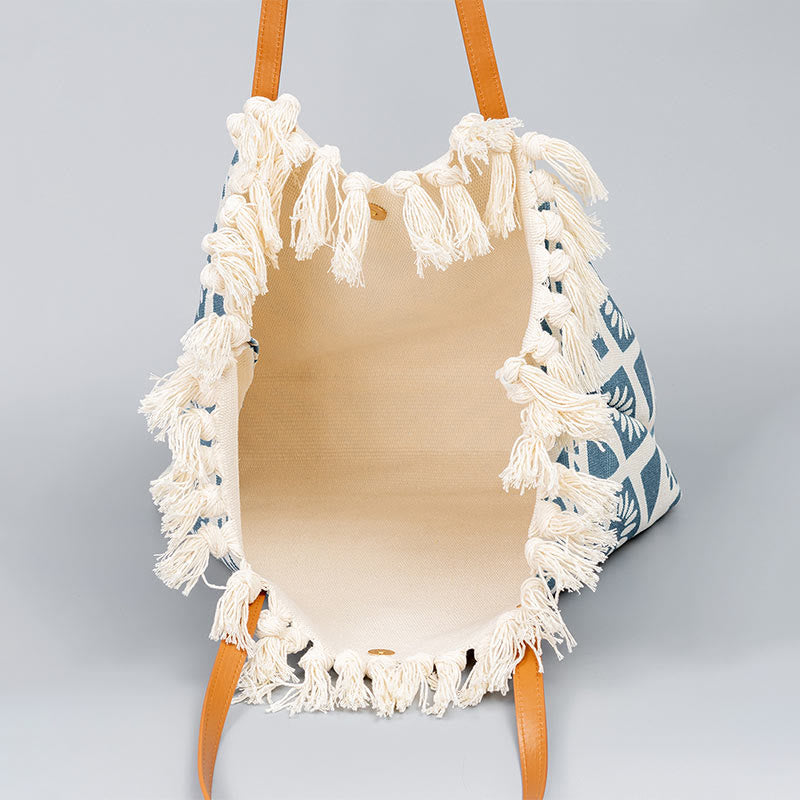 Bolso de hombro de lona con borlas y estampado geométrico boho de gran capacidad Buddha Stones