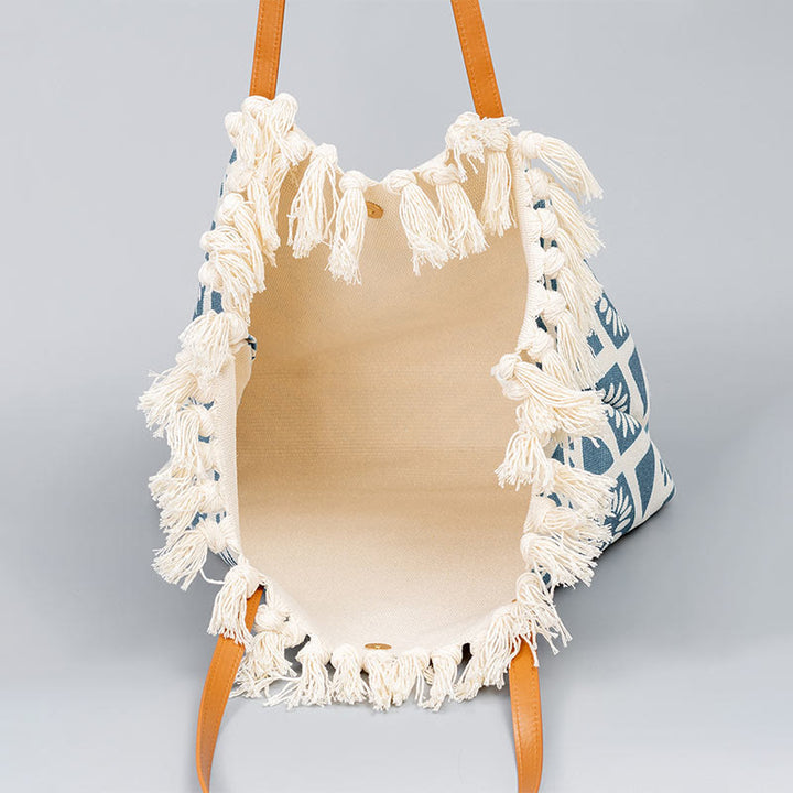 Bolso de hombro de lona con borlas y estampado geométrico boho de gran capacidad Buddha Stones