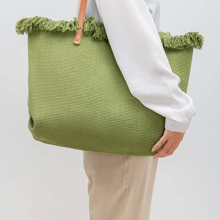 Bolso de hombro de lona con borla y gran capacidad Buddha Stones de color sólido