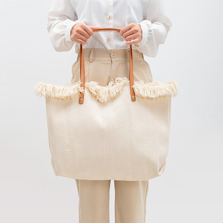 Bolso de hombro de lona con borla y gran capacidad Buddha Stones de color sólido