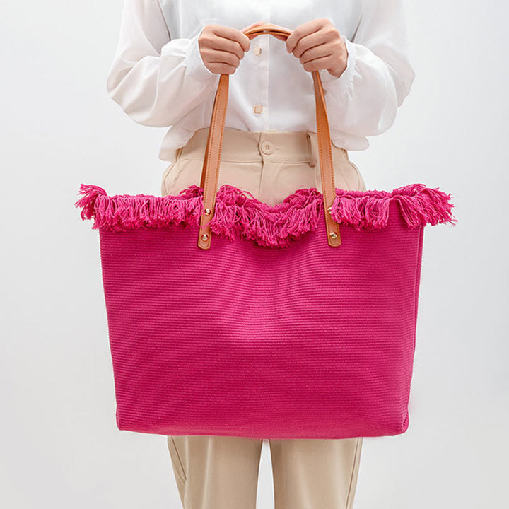 Bolso de hombro de lona con borla y gran capacidad Buddha Stones de color sólido