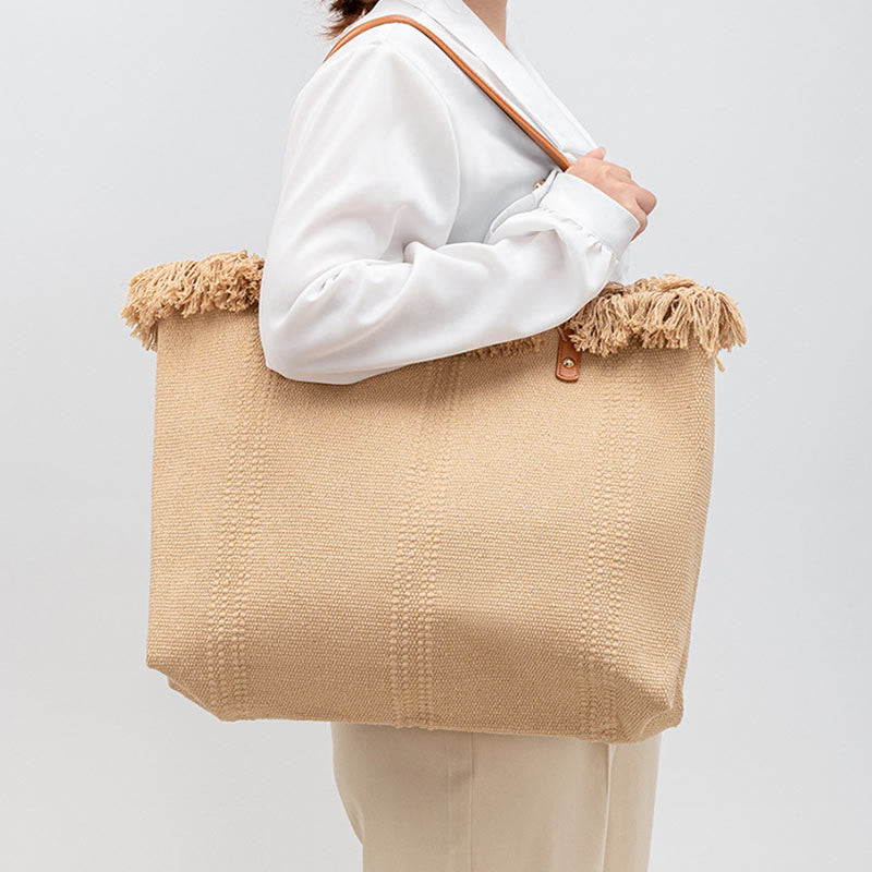 Bolso de hombro de lona con borla y gran capacidad Buddha Stones de color sólido
