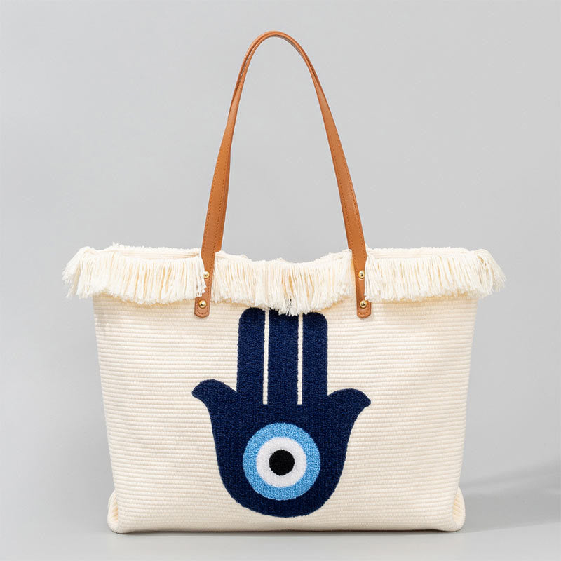 Buddha Piedras Gran Capacidad Ojo Maligno Hoja Hamsa Borla Lona Bolso de Hombro