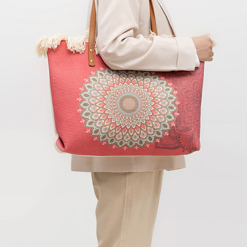 Bolso de Hombro de Lona con Borlas y Mandala Atrapasueños de Gran Capacidad con Piedras de Buda