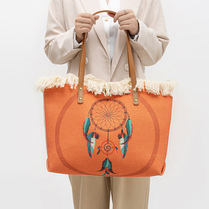 Bolso de Hombro de Lona con Borlas y Mandala Atrapasueños de Gran Capacidad con Piedras de Buda