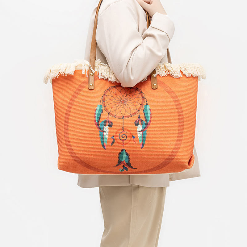 Bolso de Hombro de Lona con Borlas y Mandala Atrapasueños de Gran Capacidad con Piedras de Buda