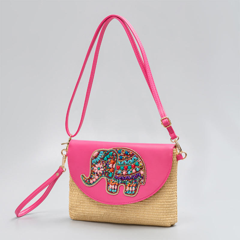Buddha Stones Hamsa Flor de Elefante Bolso cruzado de paja tejida Bolso de hombro Bolso de mano