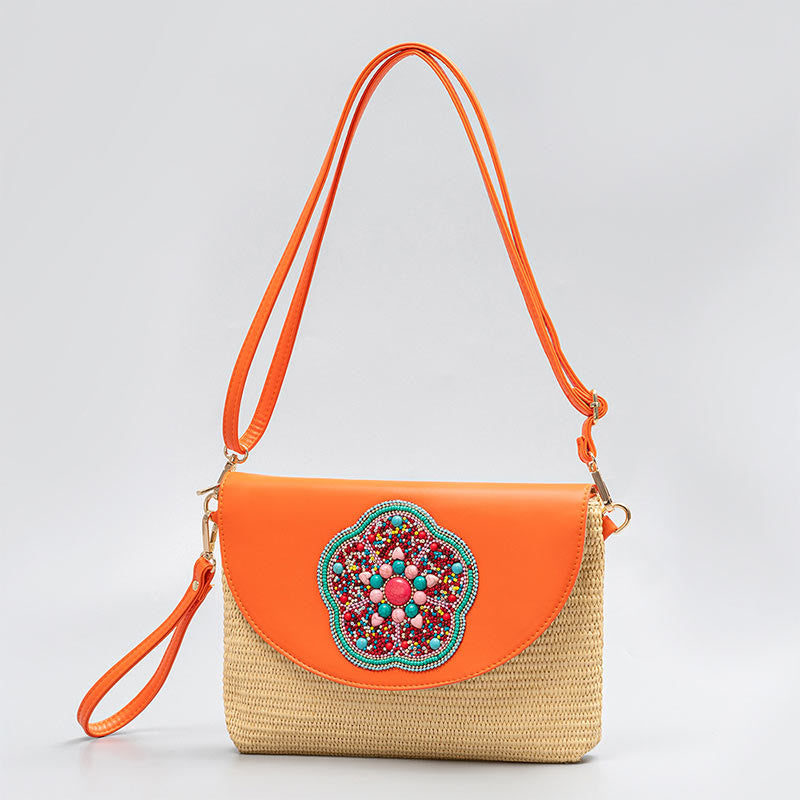 Buddha Stones Hamsa Flor de Elefante Bolso cruzado de paja tejida Bolso de hombro Bolso de mano
