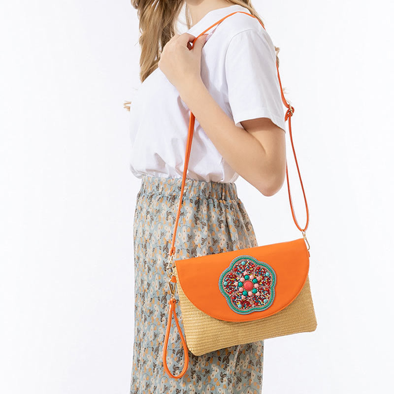 Buddha Stones Hamsa Flor de Elefante Bolso cruzado de paja tejida Bolso de hombro Bolso de mano