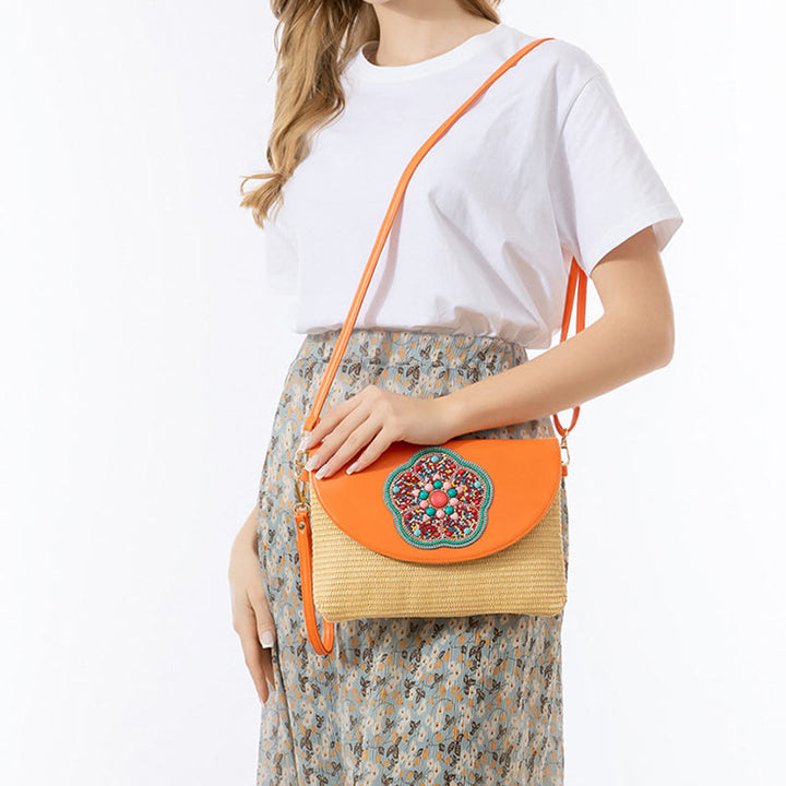 Buddha Stones Hamsa Flor de Elefante Bolso cruzado de paja tejida Bolso de hombro Bolso de mano