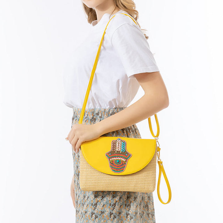 Buddha Stones Hamsa Flor de Elefante Bolso cruzado de paja tejida Bolso de hombro Bolso de mano