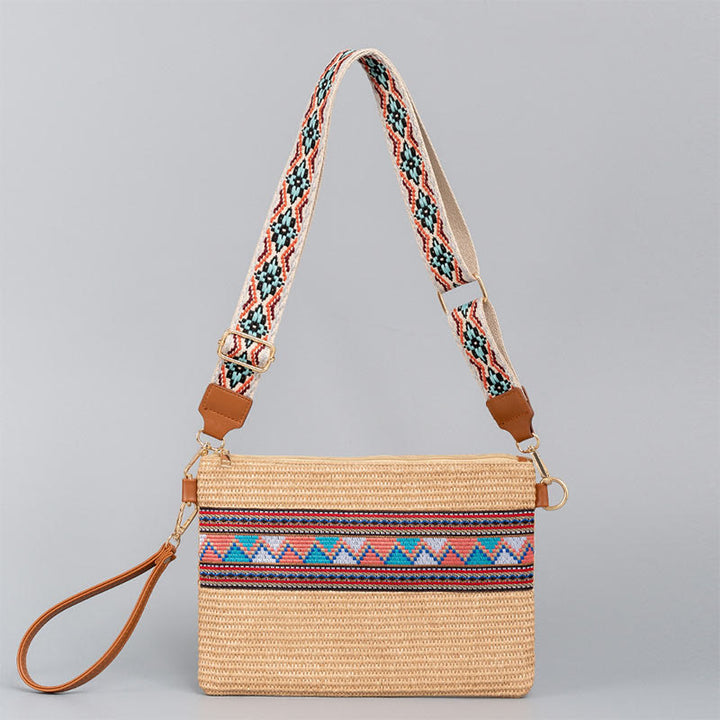 Bolsa cruzada de paja tejida geométrica colorida boho de piedras de Buda Bolsa de mano Bolsa de hombro
