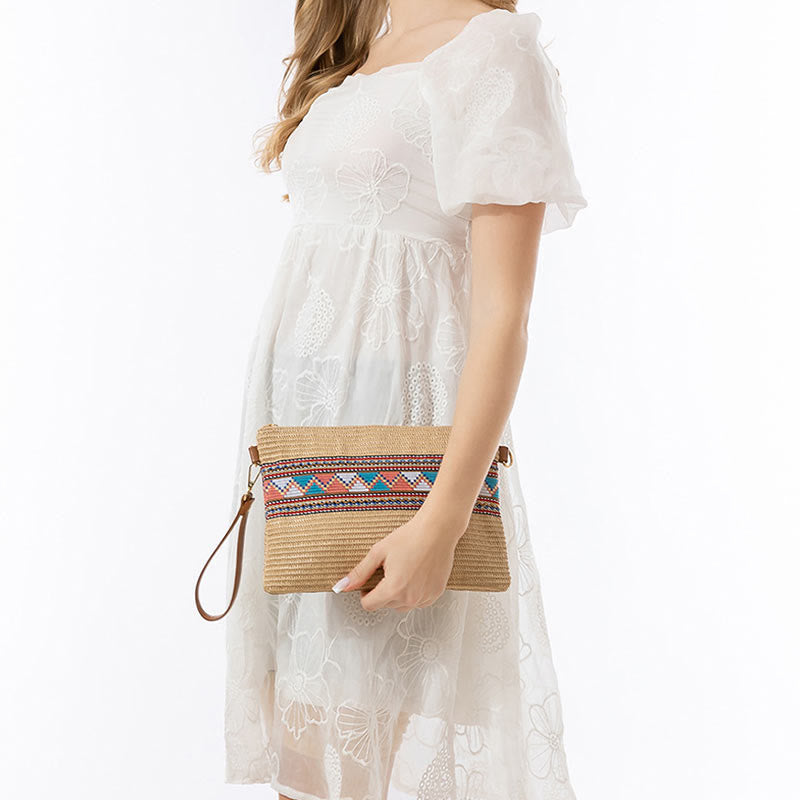 Bolsa cruzada de paja tejida geométrica colorida boho de piedras de Buda Bolsa de mano Bolsa de hombro