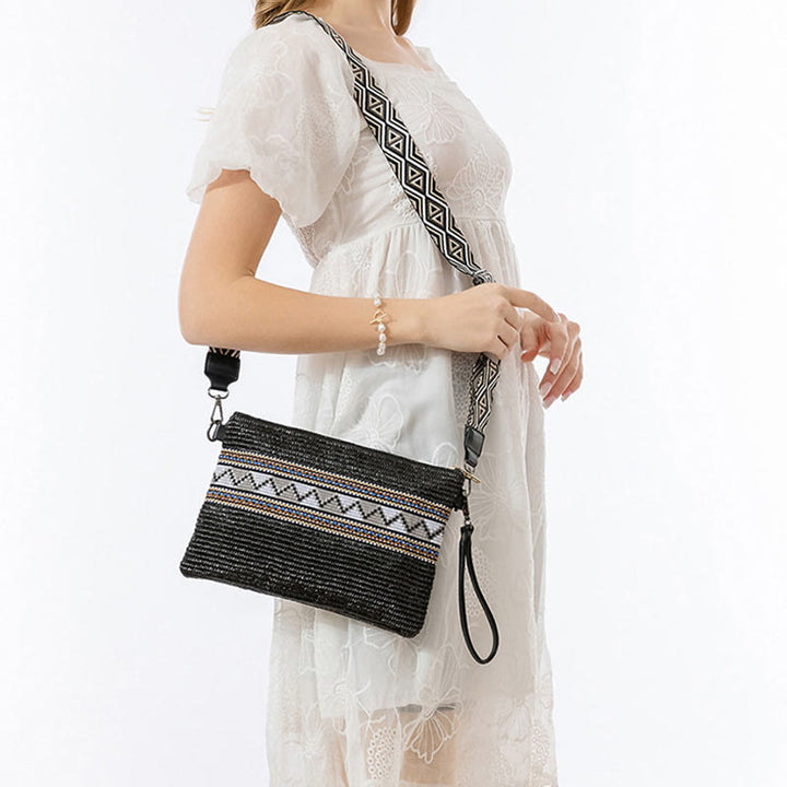 Bolsa cruzada de paja tejida geométrica colorida boho de piedras de Buda Bolsa de mano Bolsa de hombro