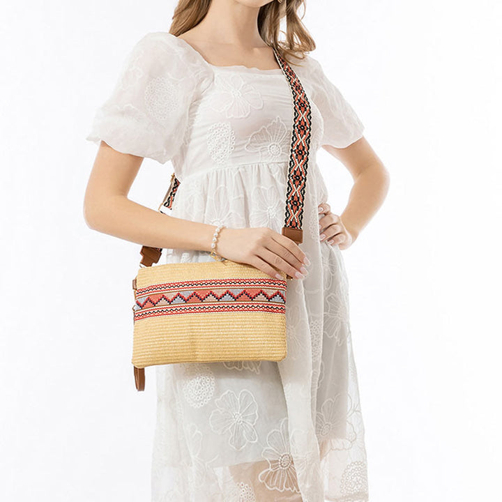 Bolsa cruzada de paja tejida geométrica colorida boho de piedras de Buda Bolsa de mano Bolsa de hombro