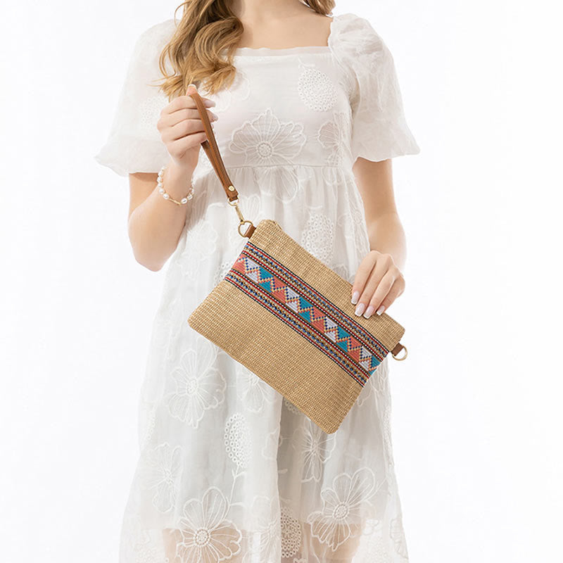 Bolsa cruzada de paja tejida geométrica colorida boho de piedras de Buda Bolsa de mano Bolsa de hombro