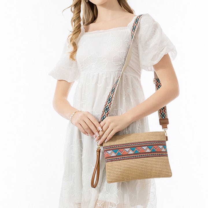 Bolsa cruzada de paja tejida geométrica colorida boho de piedras de Buda Bolsa de mano Bolsa de hombro