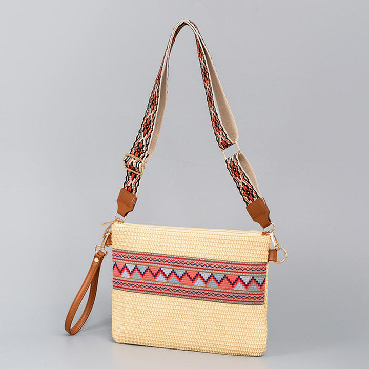 Bolsa cruzada de paja tejida geométrica colorida boho de piedras de Buda Bolsa de mano Bolsa de hombro