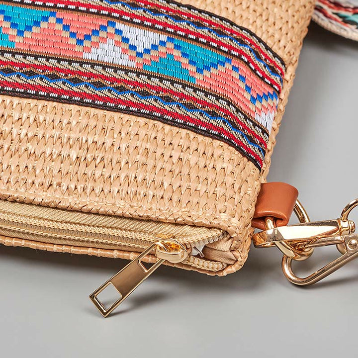 Bolsa cruzada de paja tejida geométrica colorida boho de piedras de Buda Bolsa de mano Bolsa de hombro