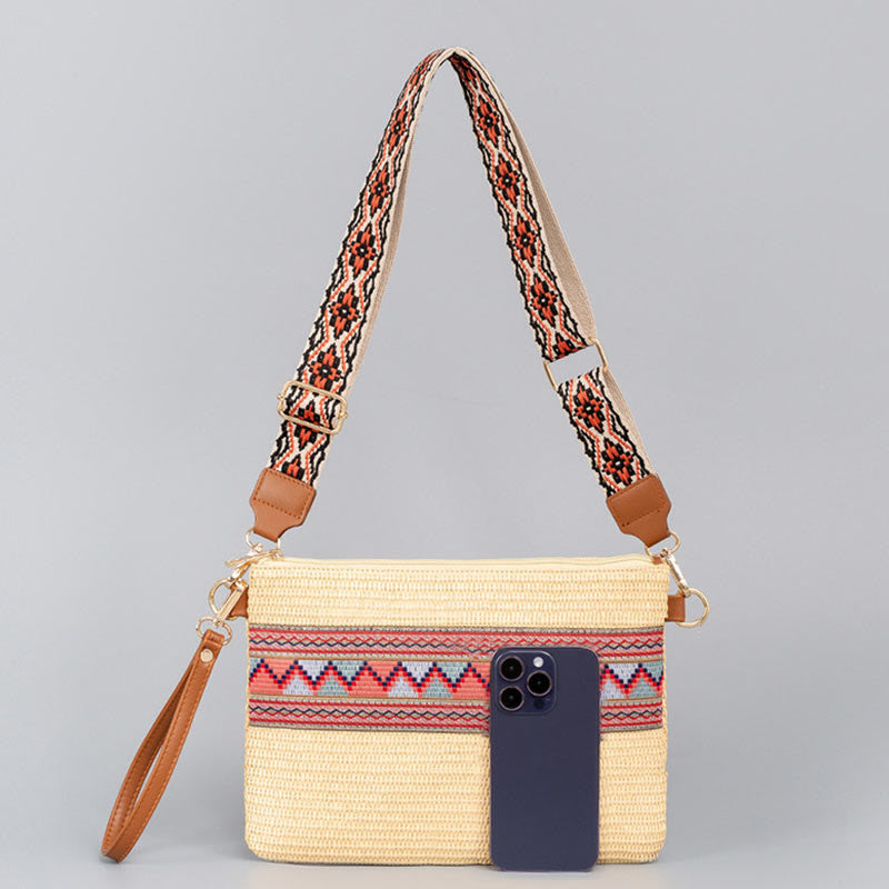 Bolsa cruzada de paja tejida geométrica colorida boho de piedras de Buda Bolsa de mano Bolsa de hombro