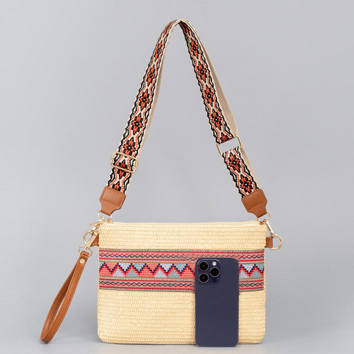 Bolsa cruzada de paja tejida geométrica colorida boho de piedras de Buda Bolsa de mano Bolsa de hombro