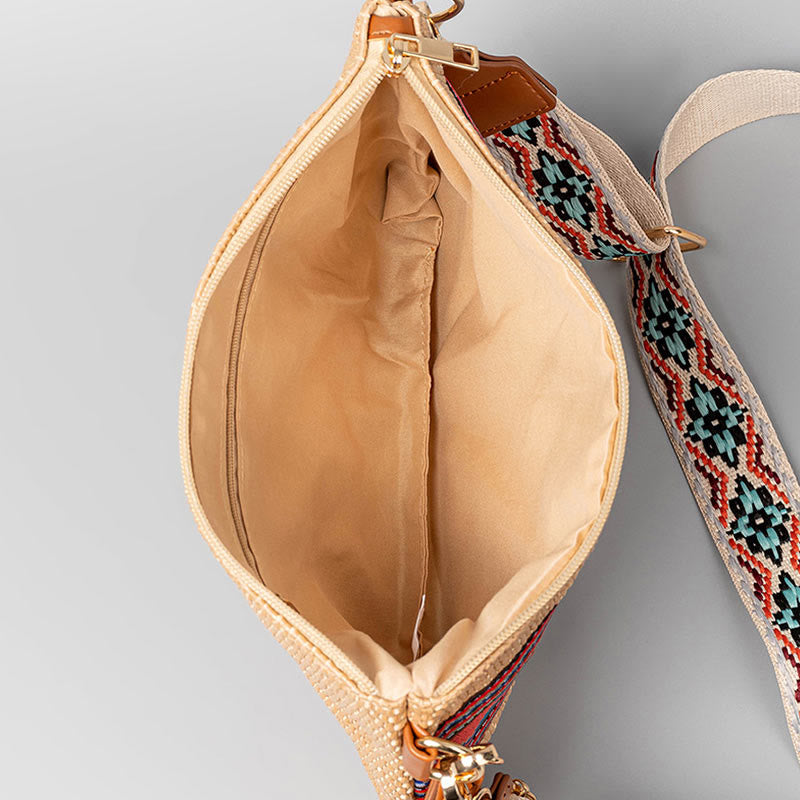 Bolsa cruzada de paja tejida geométrica colorida boho de piedras de Buda Bolsa de mano Bolsa de hombro