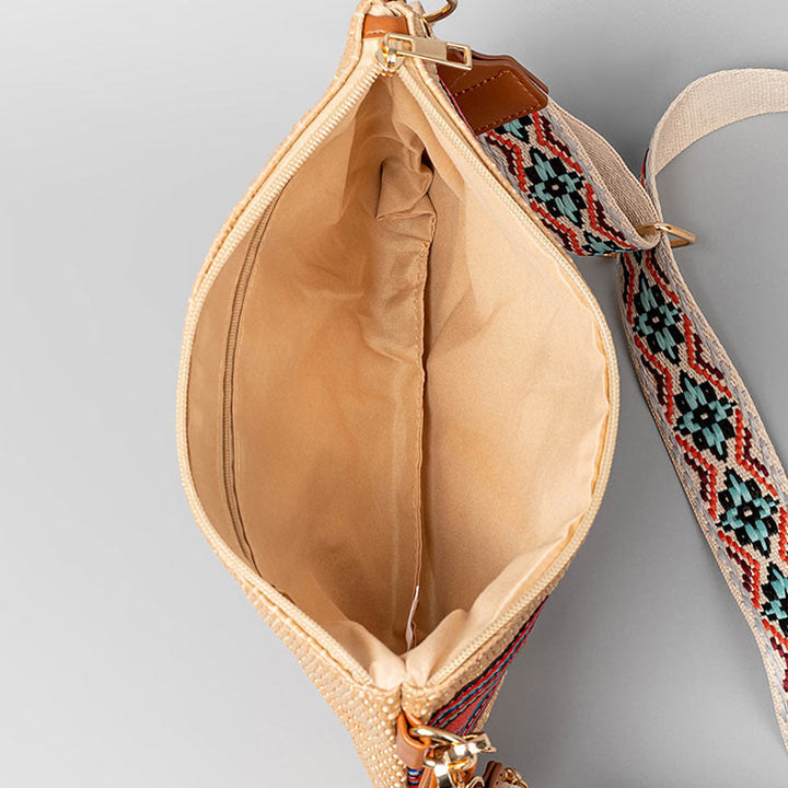 Bolsa cruzada de paja tejida geométrica colorida boho de piedras de Buda Bolsa de mano Bolsa de hombro