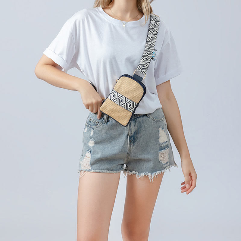 Bolsa de mano de piedra Buda pequeña geometría tejida de paja cruzada