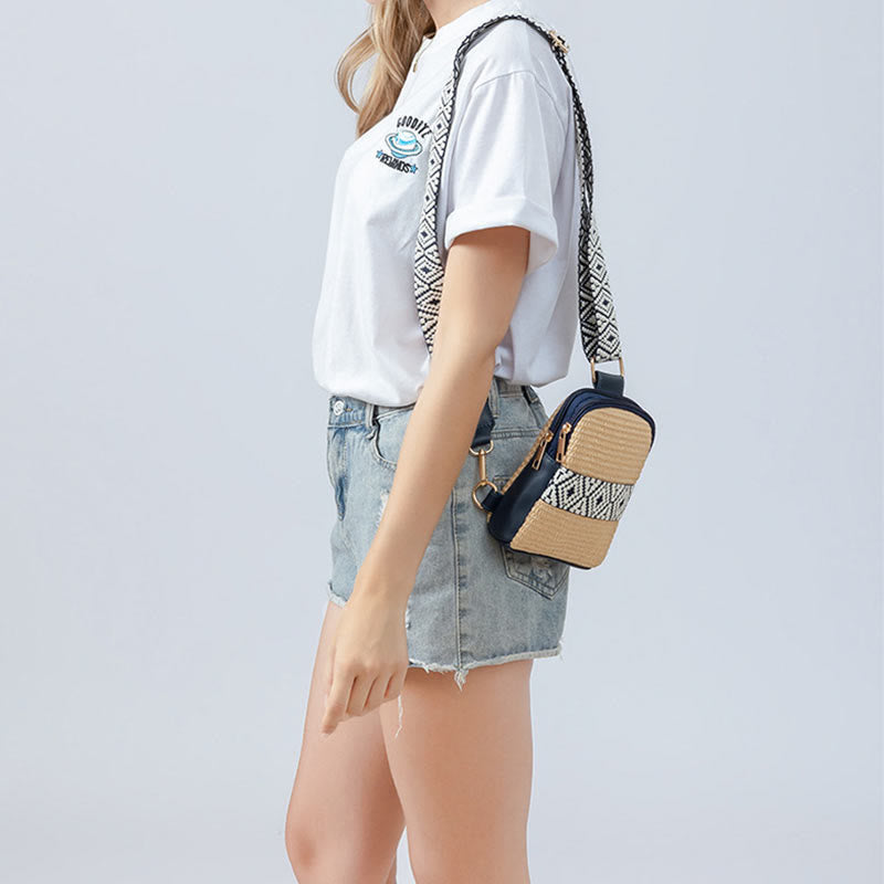 Bolsa de mano de piedra Buda pequeña geometría tejida de paja cruzada