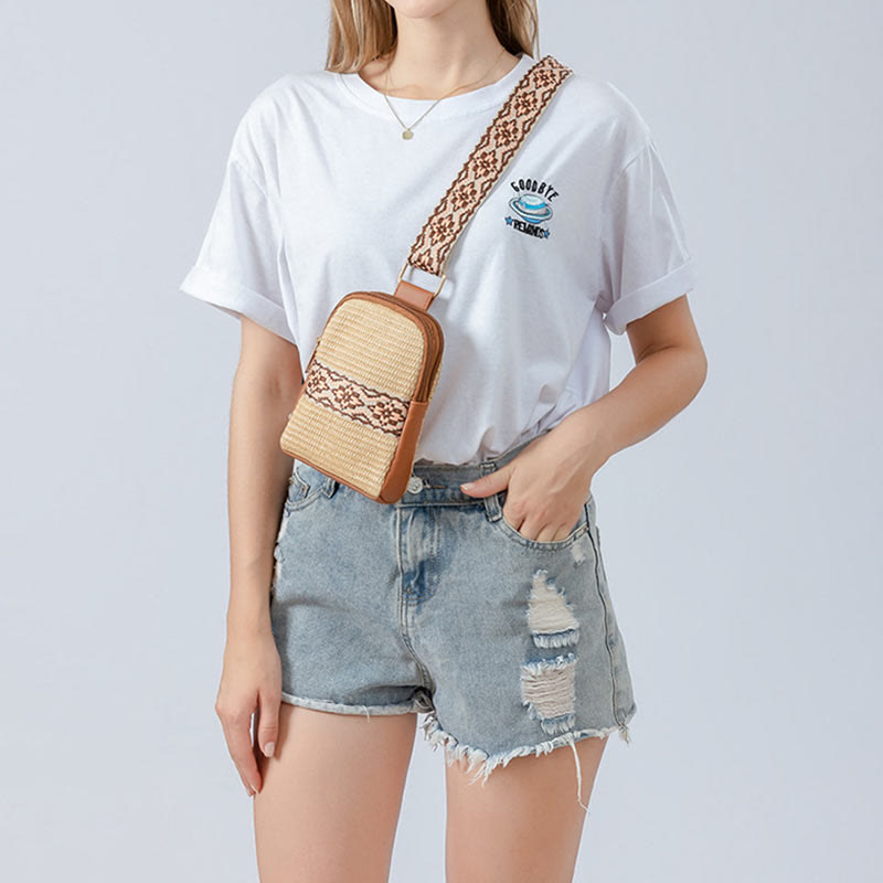 Bolsa de mano de piedra Buda pequeña geometría tejida de paja cruzada