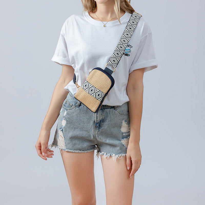 Bolsa de mano de piedra Buda pequeña geometría tejida de paja cruzada