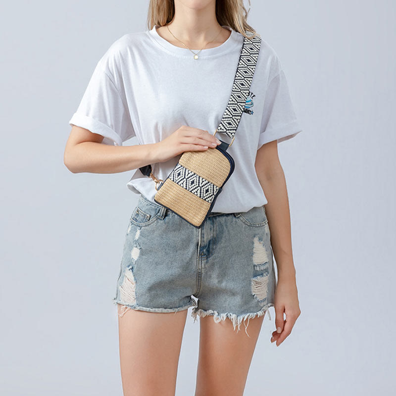 Bolsa de mano de piedra Buda pequeña geometría tejida de paja cruzada