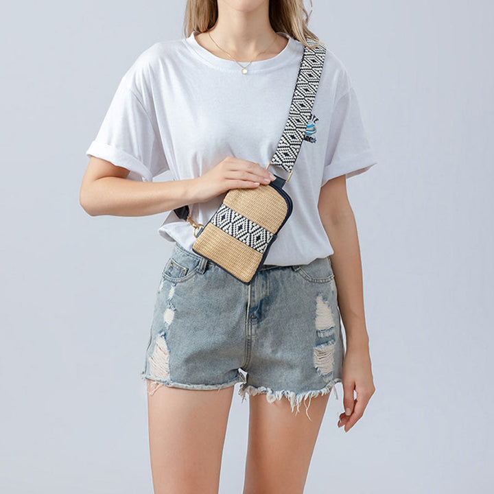 Bolsa de mano de piedra Buda pequeña geometría tejida de paja cruzada