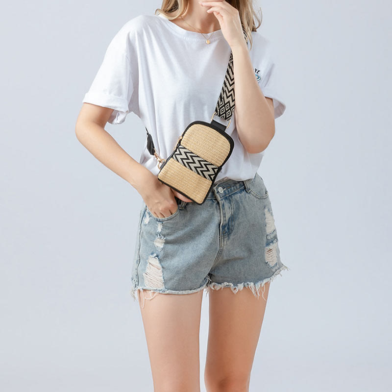 Bolsa de mano de piedra Buda pequeña geometría tejida de paja cruzada