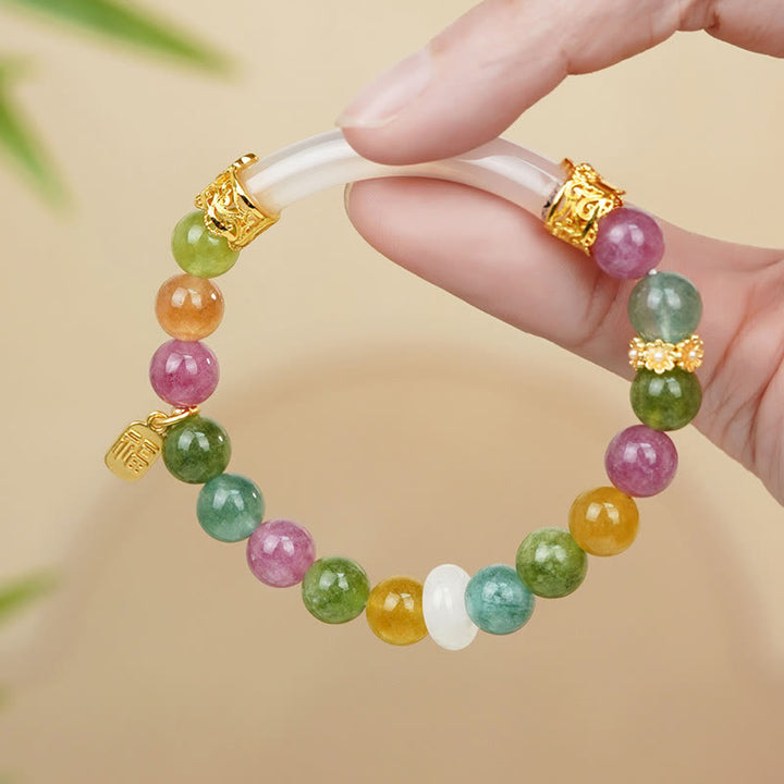 Pulsera de Amuletos de Carácter Fu Positivo de Calcedonia de Turmalina Colorida con Piedras de Buda