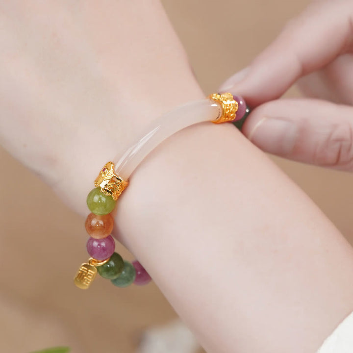 Pulsera de Amuletos de Carácter Fu Positivo de Calcedonia de Turmalina Colorida con Piedras de Buda