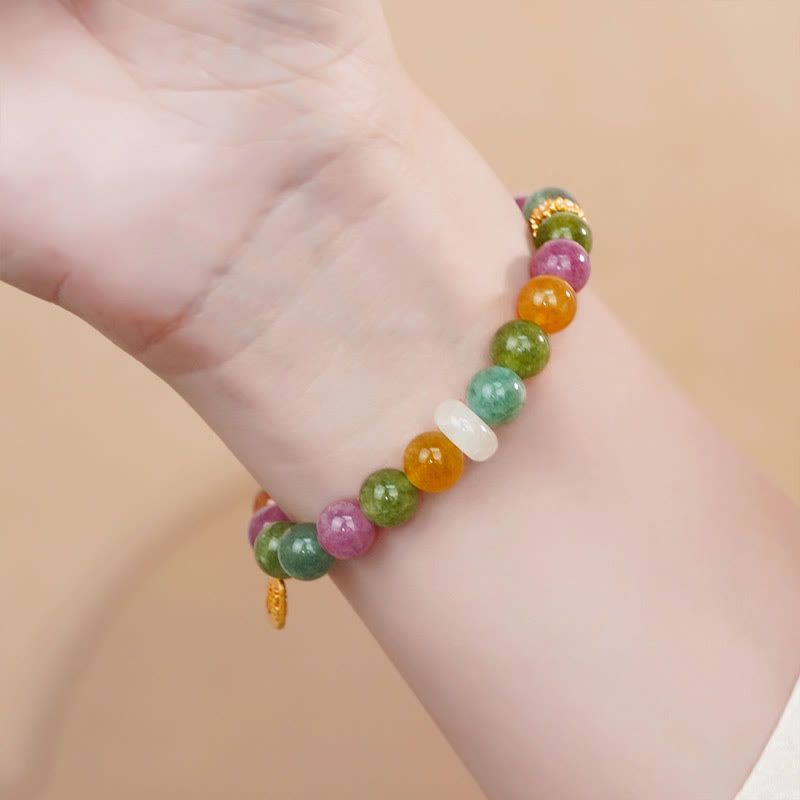 Pulsera de Amuletos de Carácter Fu Positivo de Calcedonia de Turmalina Colorida con Piedras de Buda