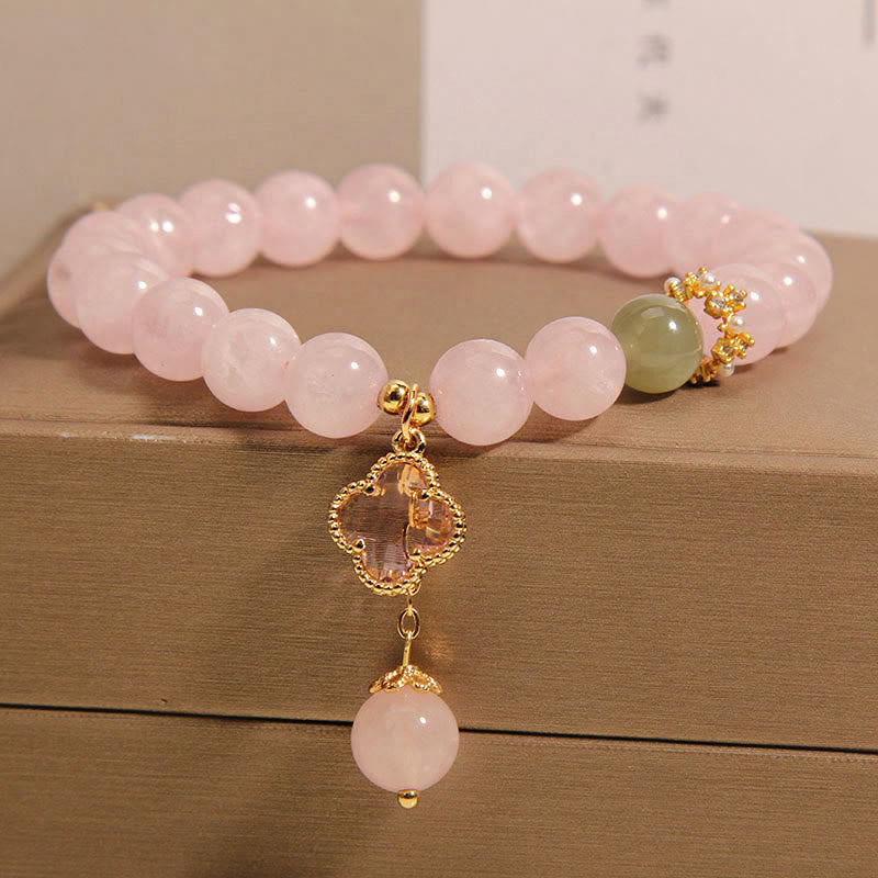Piedras de Buda Cristal Rosa Natural Trébol de Cuatro Hojas Pulsera Calmante