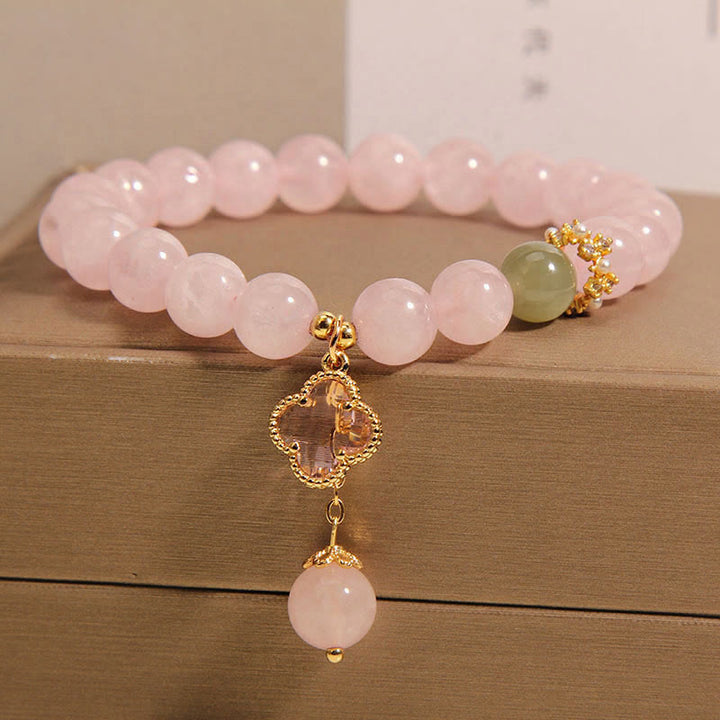 Piedras de Buda Cristal Rosa Natural Trébol de Cuatro Hojas Pulsera Calmante