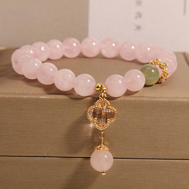 Piedras de Buda Cristal Rosa Natural Trébol de Cuatro Hojas Pulsera Calmante