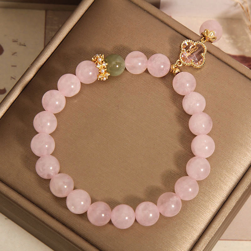 Piedras de Buda Cristal Rosa Natural Trébol de Cuatro Hojas Pulsera Calmante