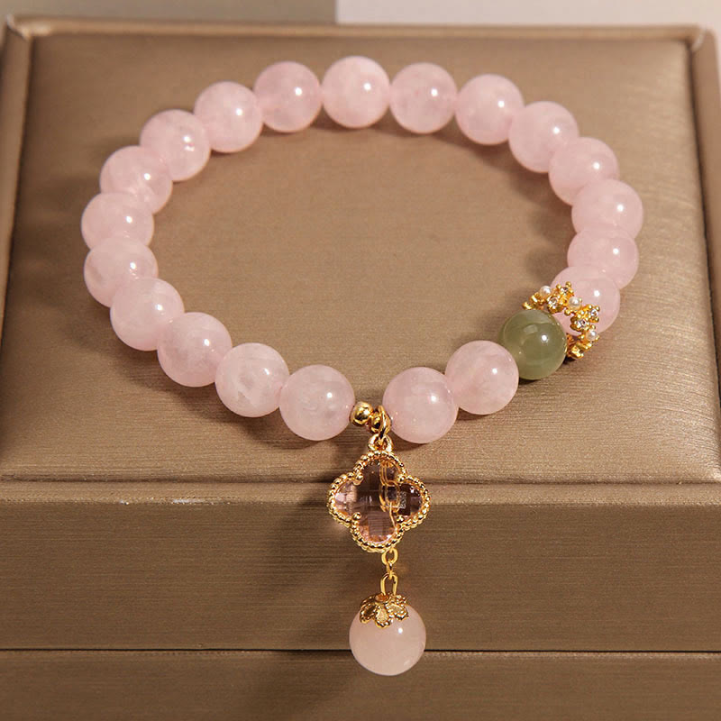Piedras de Buda Cristal Rosa Natural Trébol de Cuatro Hojas Pulsera Calmante