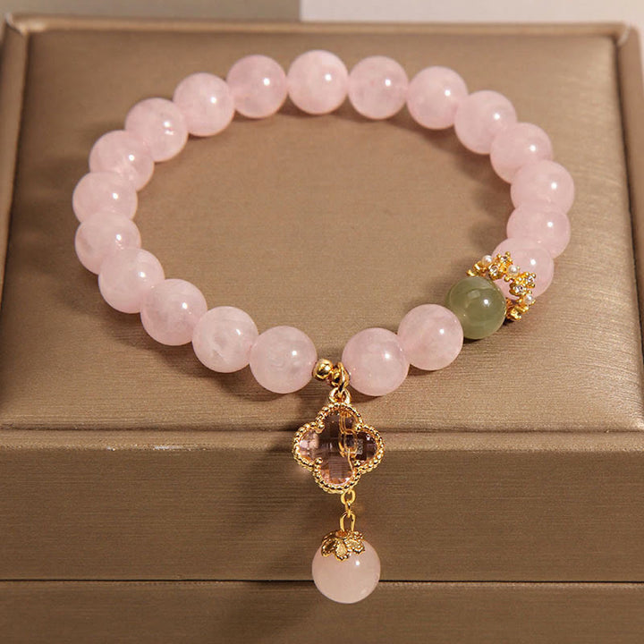 Piedras de Buda Cristal Rosa Natural Trébol de Cuatro Hojas Pulsera Calmante