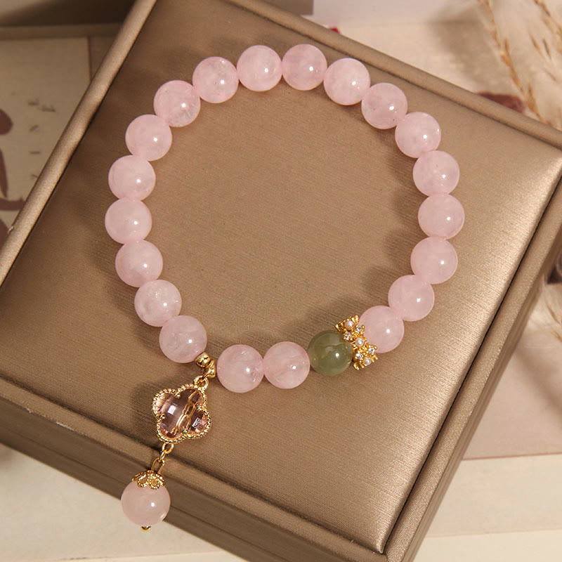 Piedras de Buda Cristal Rosa Natural Trébol de Cuatro Hojas Pulsera Calmante