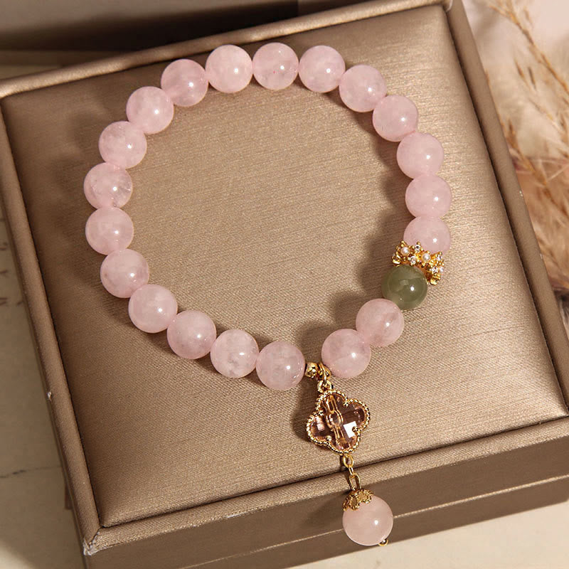 Piedras de Buda Cristal Rosa Natural Trébol de Cuatro Hojas Pulsera Calmante