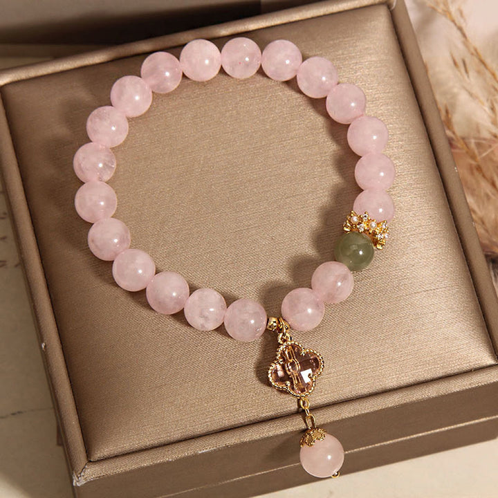 Piedras de Buda Cristal Rosa Natural Trébol de Cuatro Hojas Pulsera Calmante