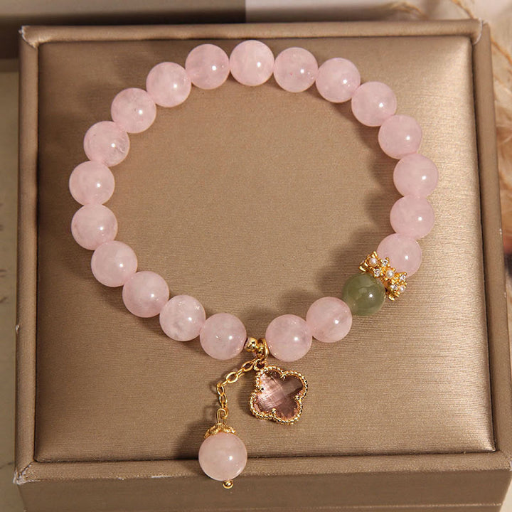 Piedras de Buda Cristal Rosa Natural Trébol de Cuatro Hojas Pulsera Calmante