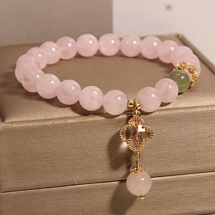 Piedras de Buda Cristal Rosa Natural Trébol de Cuatro Hojas Pulsera Calmante