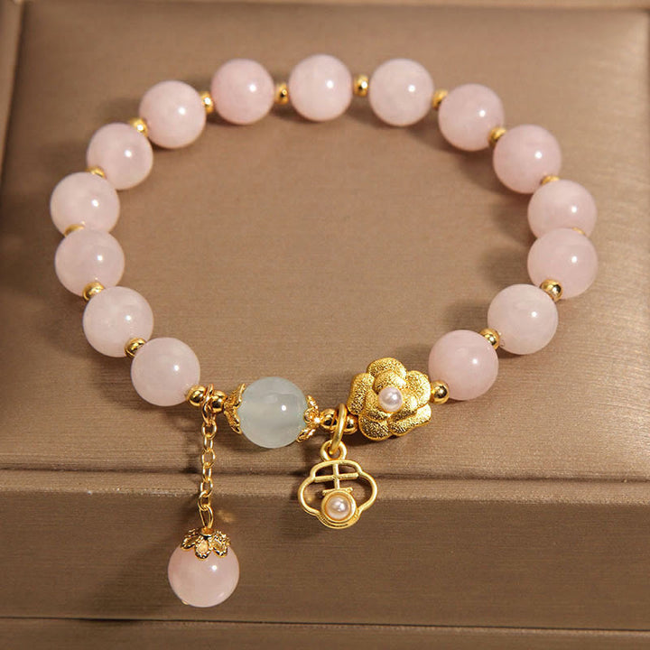 Pulsera de Piedra de Buda de Cristal Rosa Natural con Flor de la Suerte y Calidez